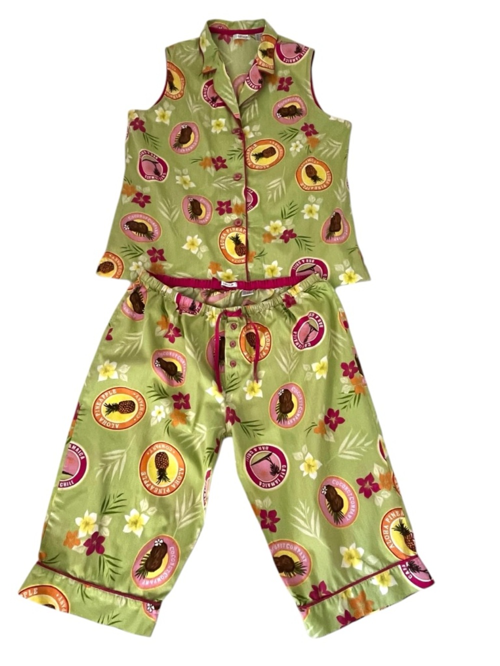 PJ Salvage Tropical Pajama Set XL Hawaiian Coconut Capri Lounge Matching Set